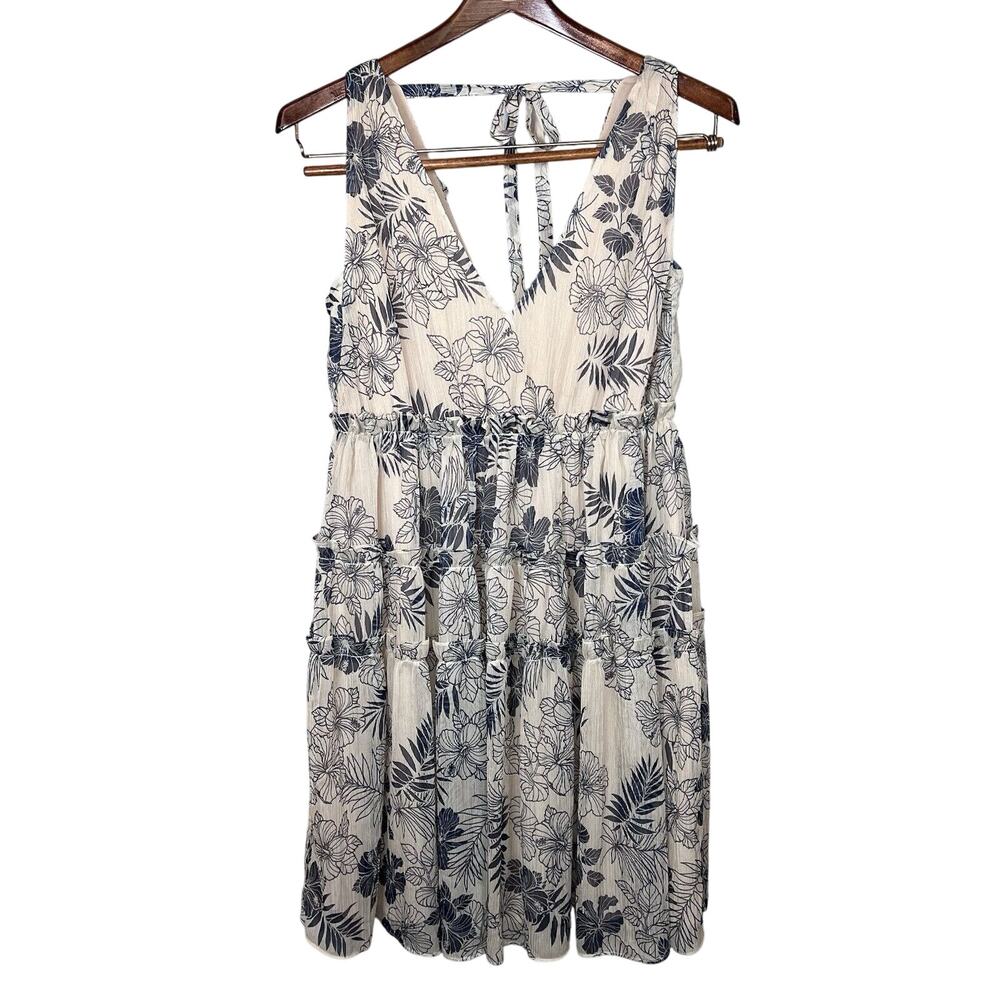 Lenon Women’s Size S Dress Beige Floral V-Neck Tiered Ruffle Double Tie Back